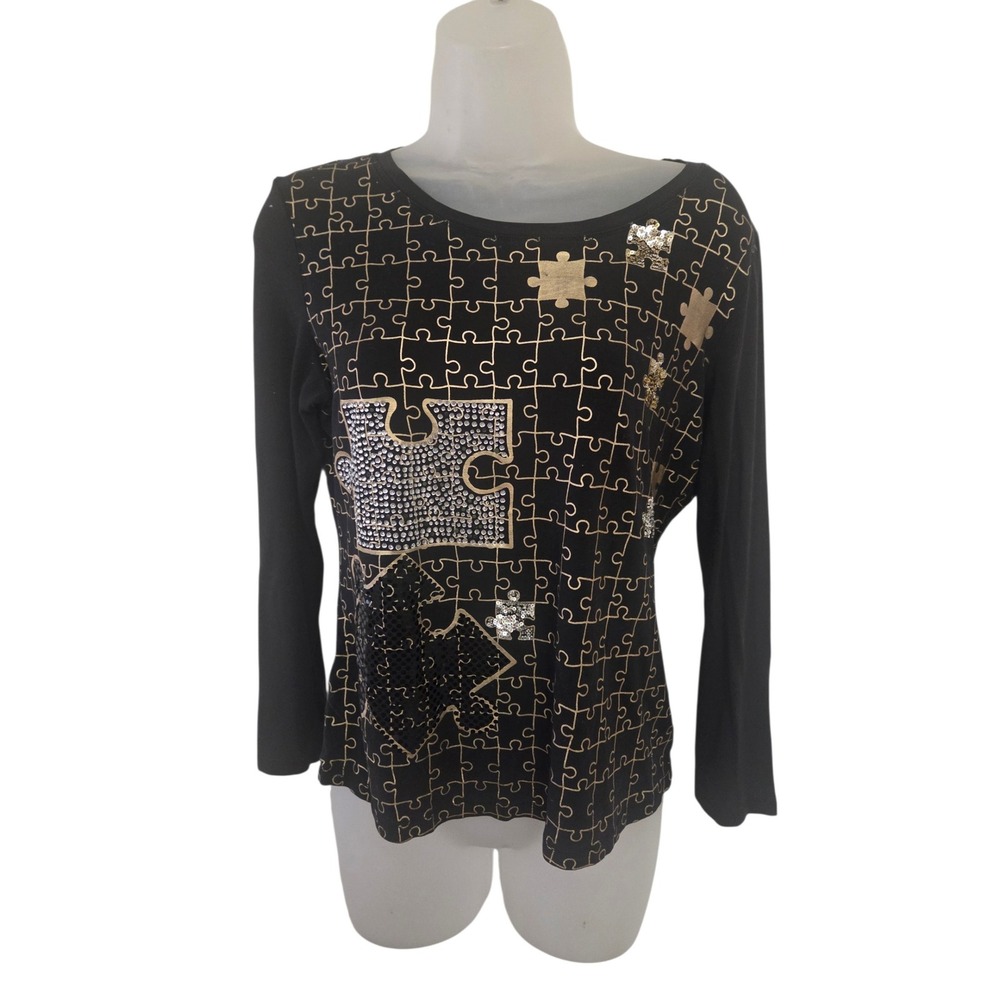 Yolma Lady's Fashion Black Puzzle Piece Sequin Rhinestone Long Sleeve Top Y2K